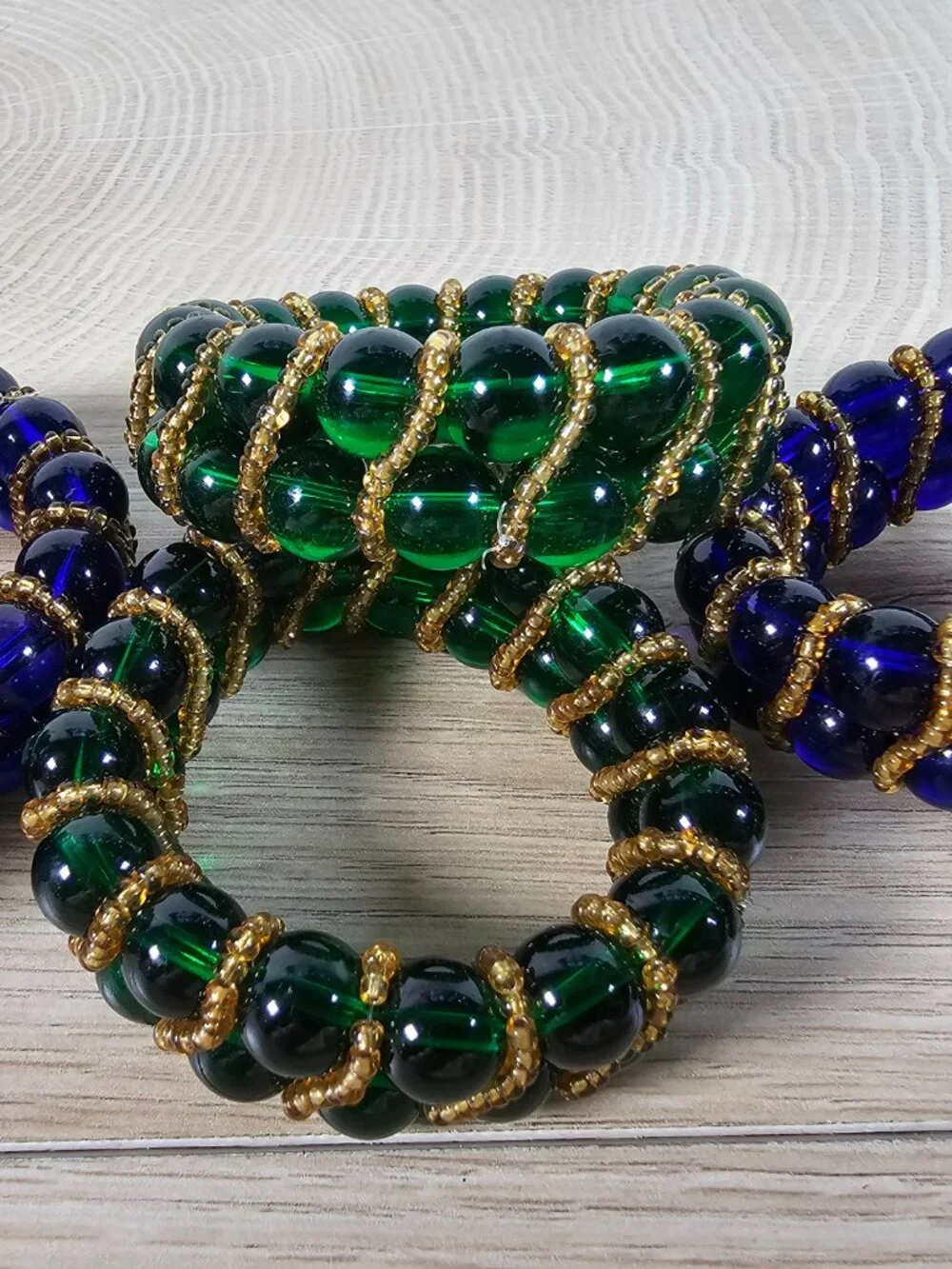 Pier 1 Beaded Napkin Rings Set of 6 Blue Green Gold Tone